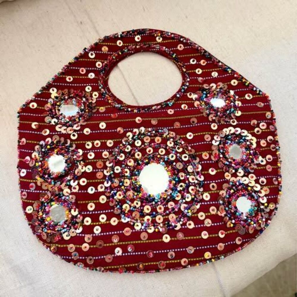 Red embroidered, beaded sequins and mirror work purse cloth clutch 10x6 inch